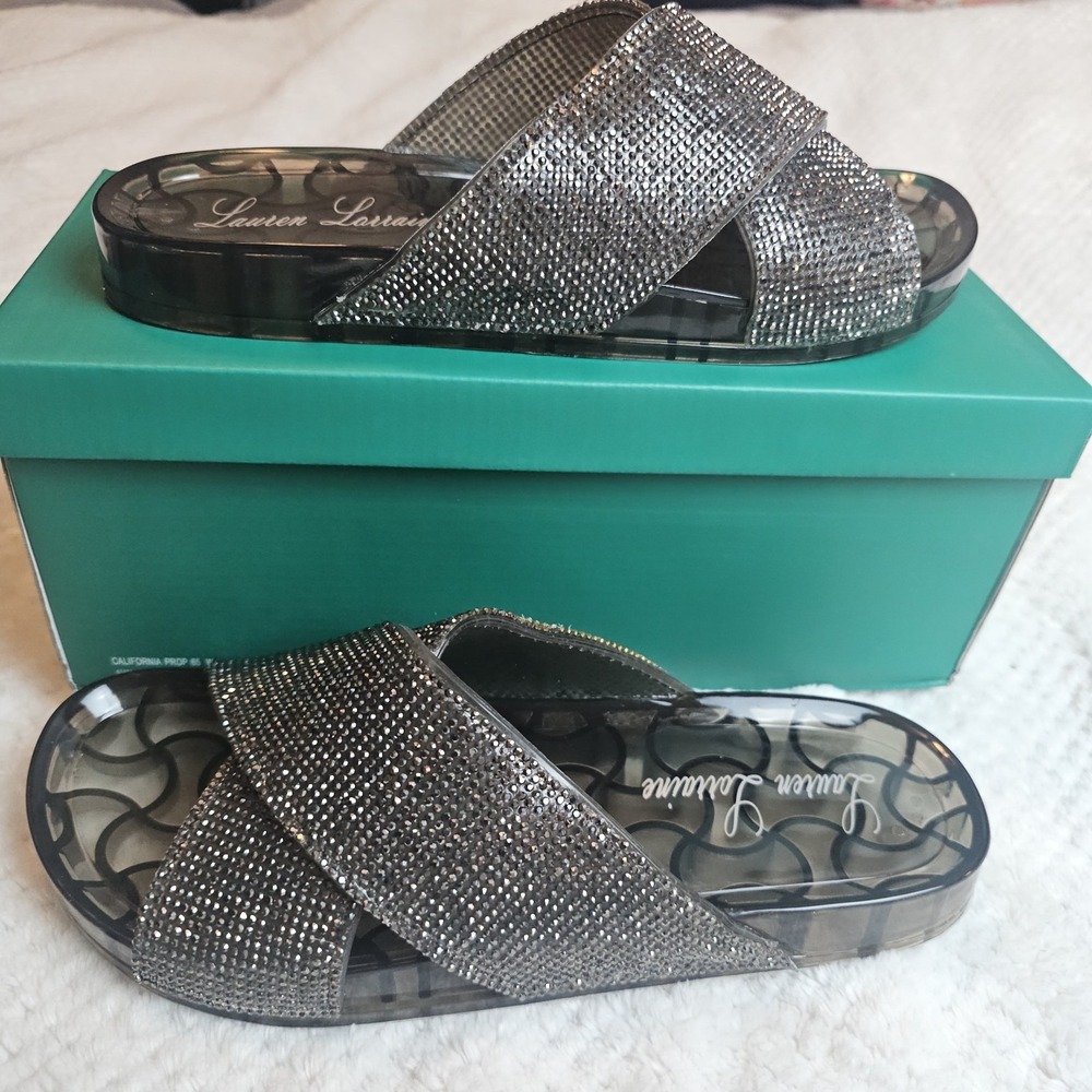 NIB Lauren Lorraine Black Embellished Cross Over Strap Jelly Slide Sandals M